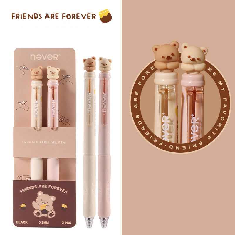 NEVER Cute Animal Retractable Gel Pen 0.5mm Black Ink 2 Pack Bear