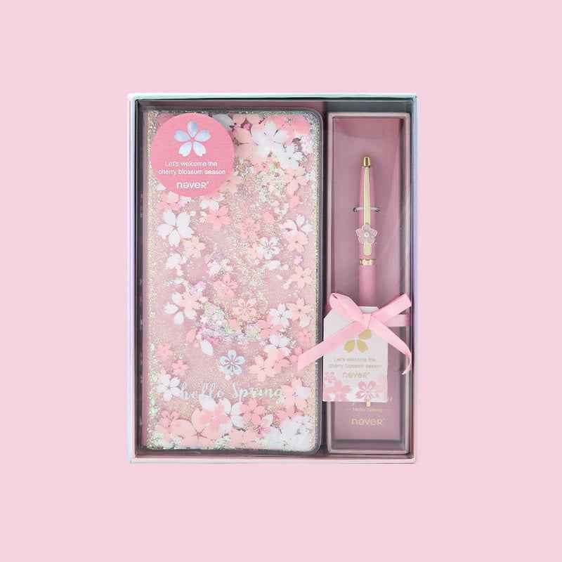 NEVER Weekly Planner & Gel Pen Gift Set - Glitter Quicksand Cover Cherry Blossom