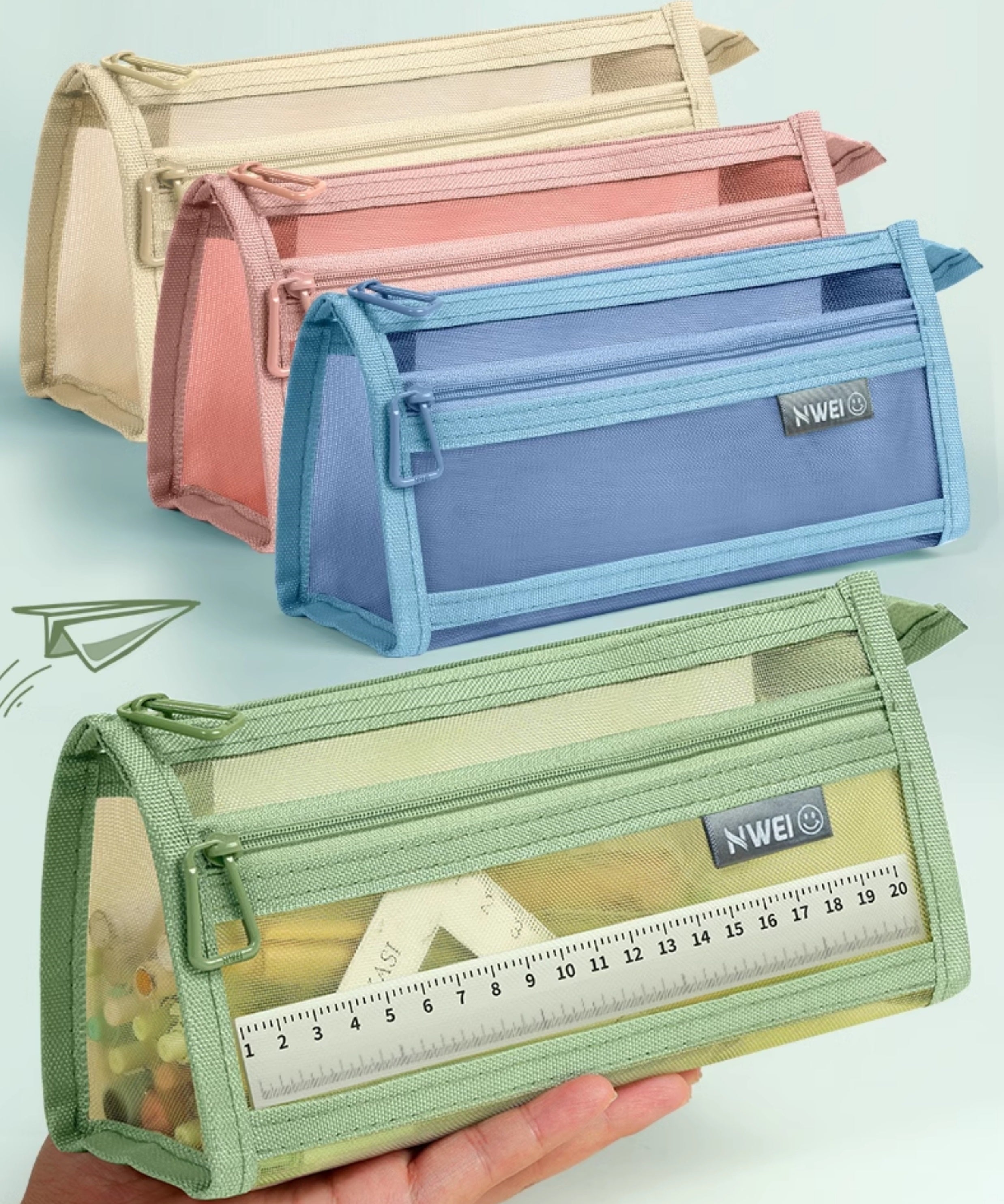 NWEI Double-Layer Mesh Pencil Case Stationery Storage 4 Color Pack