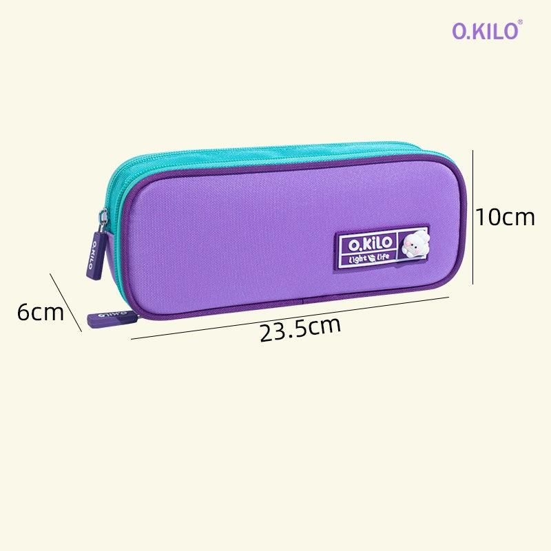 O.KILO Double-Layer Pencil Case Large Capacity Student Stationery Bag Purple Blue