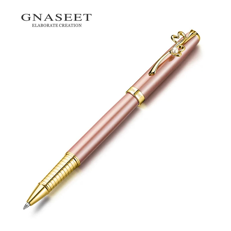 GNASEET Metal Rollerball Pen Gift Set for Women – Gold & White Barrel | Heart / Clover / Butterfly / Rose Clip Gold Heart