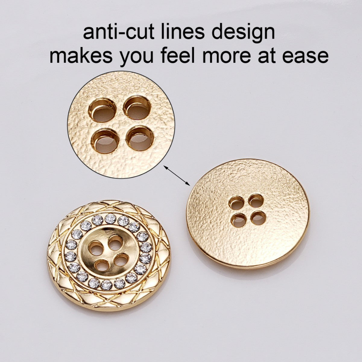 Gold 4-hole rhinestone button and close-up of plain back plate