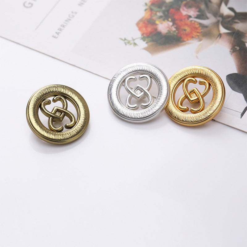 Round double-heart hollow cutout metal shank buttons in gold, silver and bronze