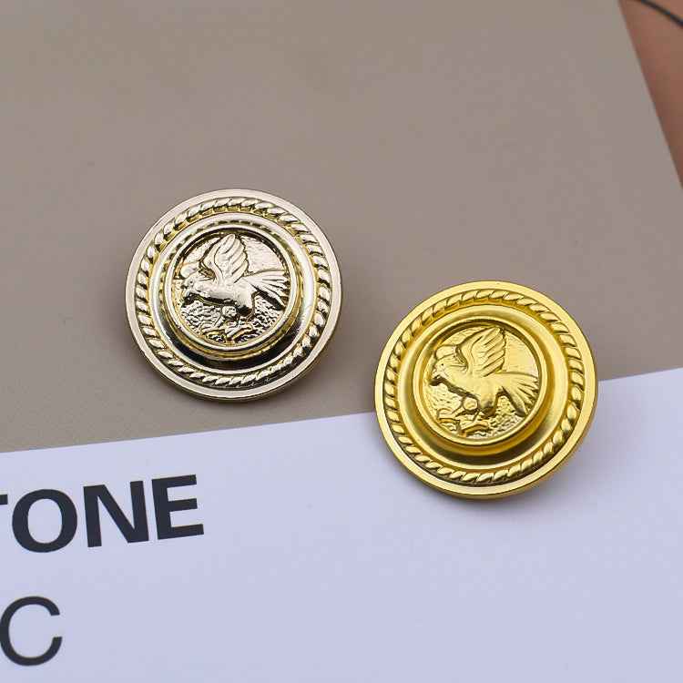 Round metal shank button with gryphon crest; gold and silver-tone options