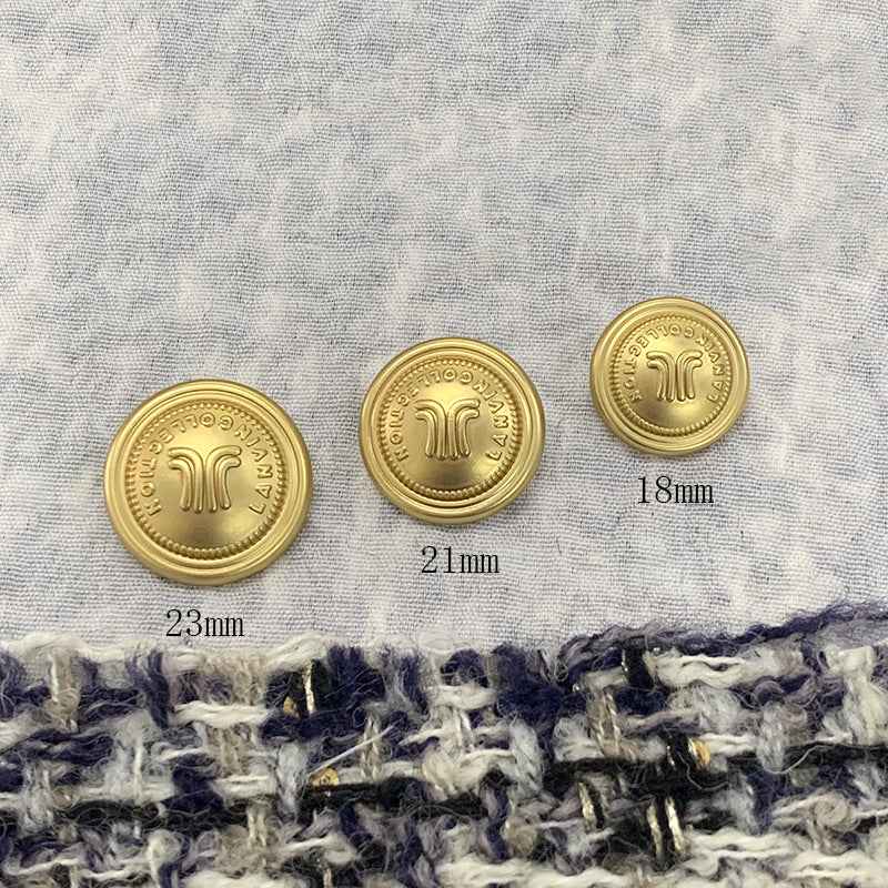 Frosted round metal shank buttons with size labels: 18mm, 21mm, 23mm
