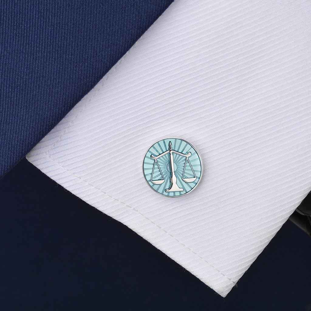 Blue balance scale cufflinks, round blue enamel with silver-tone frame
