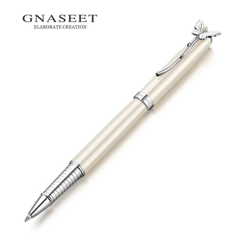 GNASEET Metal Rollerball Pen Gift Set for Women – Gold & White Barrel | Heart / Clover / Butterfly / Rose Clip White Butterfly