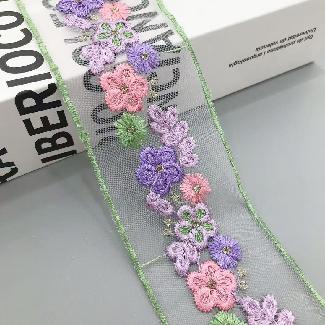 5cm floral sequin organza lace trim in purple and pink with small green accents