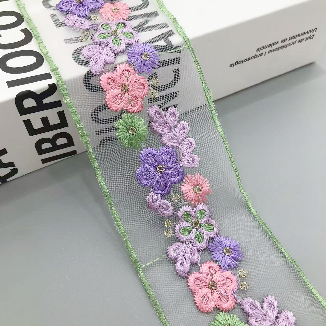 5cm floral sequin organza lace trim in purple and pink with small green accents