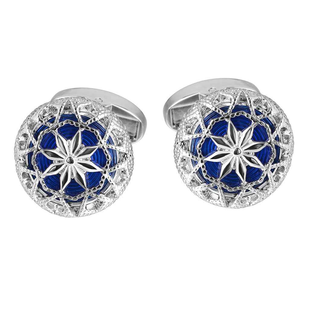 Silver blue openwork engraved cufflinks with blue enamel lattice and star