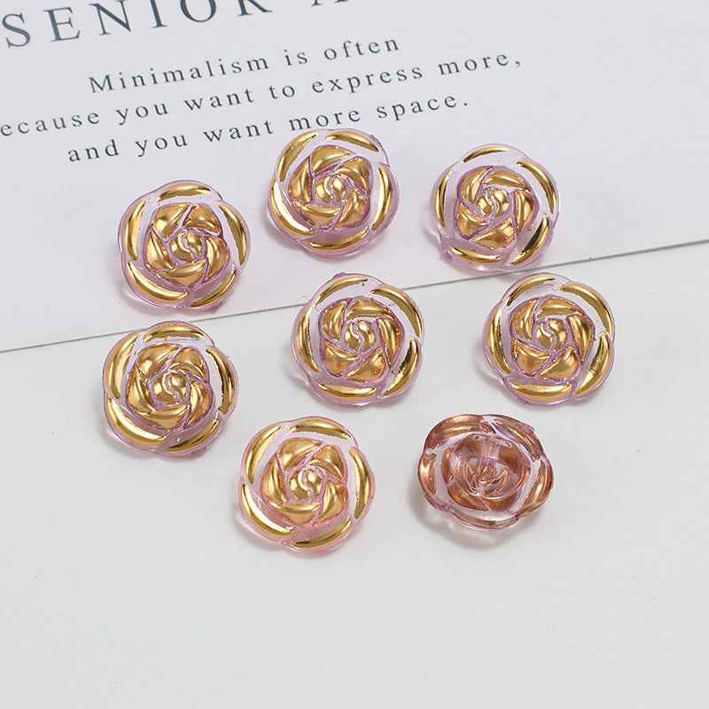 12.5mm acrylic rose buttons, pink and gold iridescent swirl design