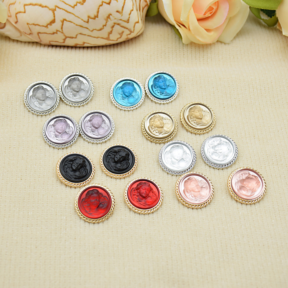 Classic lady portrait resin metal buttons set, round with gold and silver frames, mixed colors.