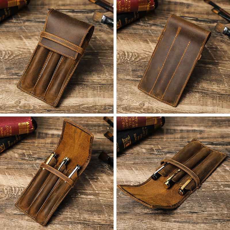 Genuine Leather 1/2/3 Slots Fountain Pen Holder Case