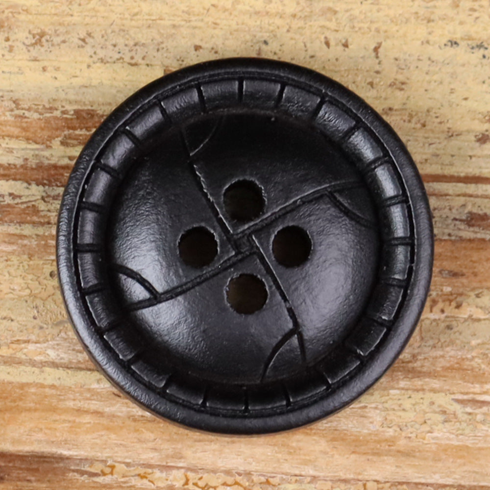 Black round 4-hole distressed wood button with stitched-style rim