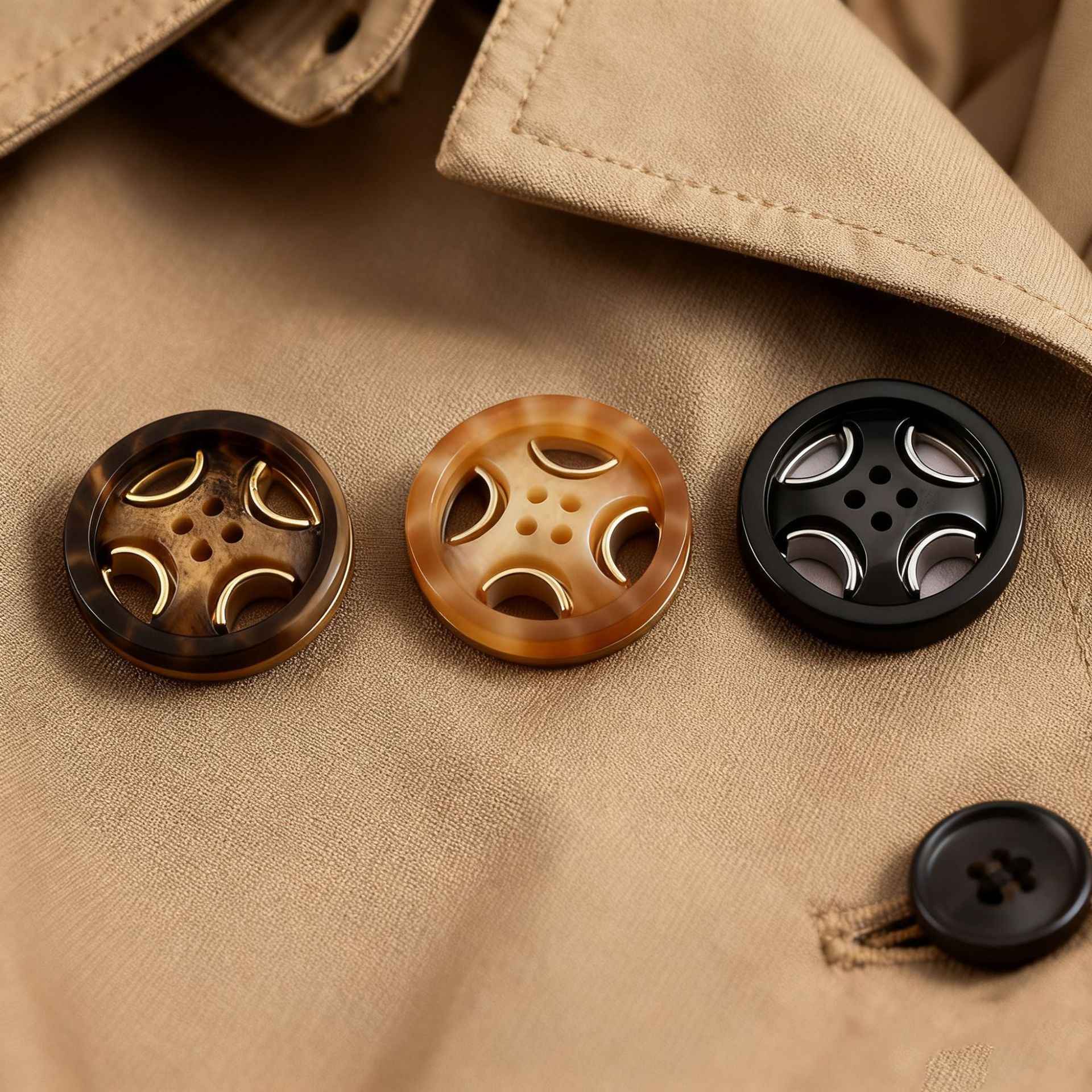 Set of round 4-hole resin-metal coat buttons: tan, dark brown, and black