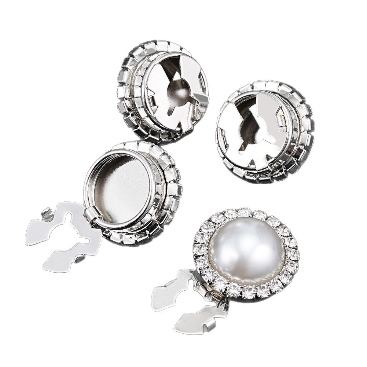 Assorted clamp snap buttons: round rhinestone pearl centers, fronts and backs