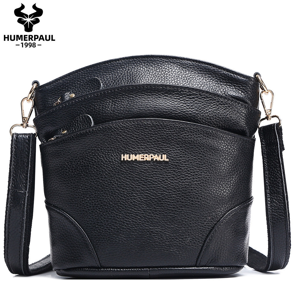 Top Grain Leather Women's Crossbody Bucket Shoulder Bag Black