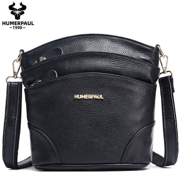 Top Grain Leather Women's Crossbody Bucket Shoulder Bag Black