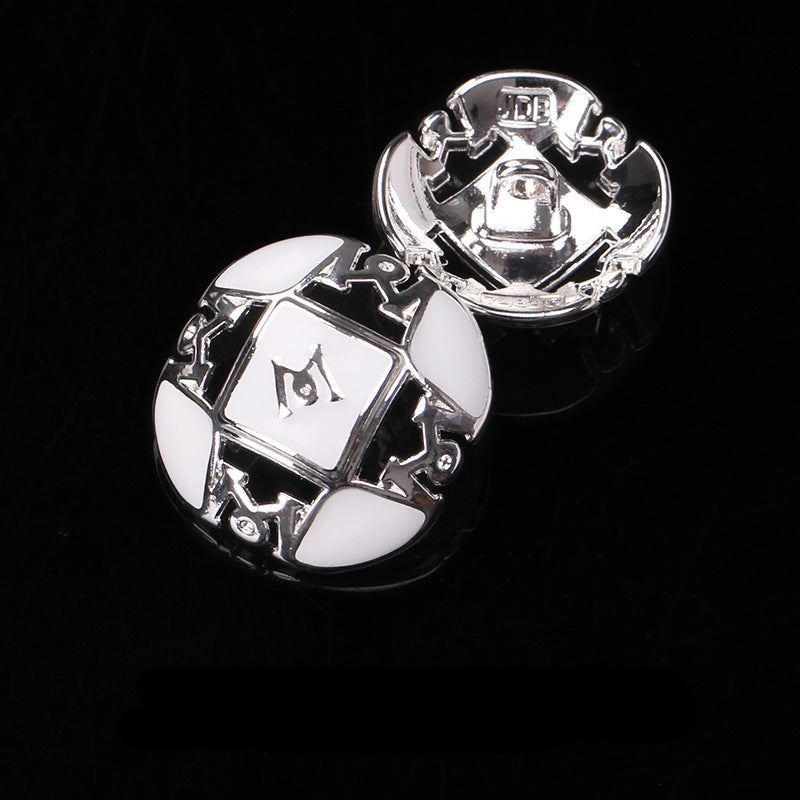 Letter M button pair, white & black enamel, silver metal 2-hole shank