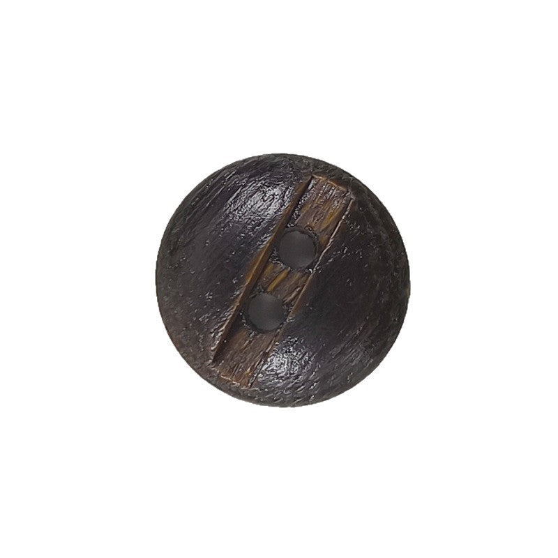 Single dark brown round 2-hole grooved wood button with visible wood grain