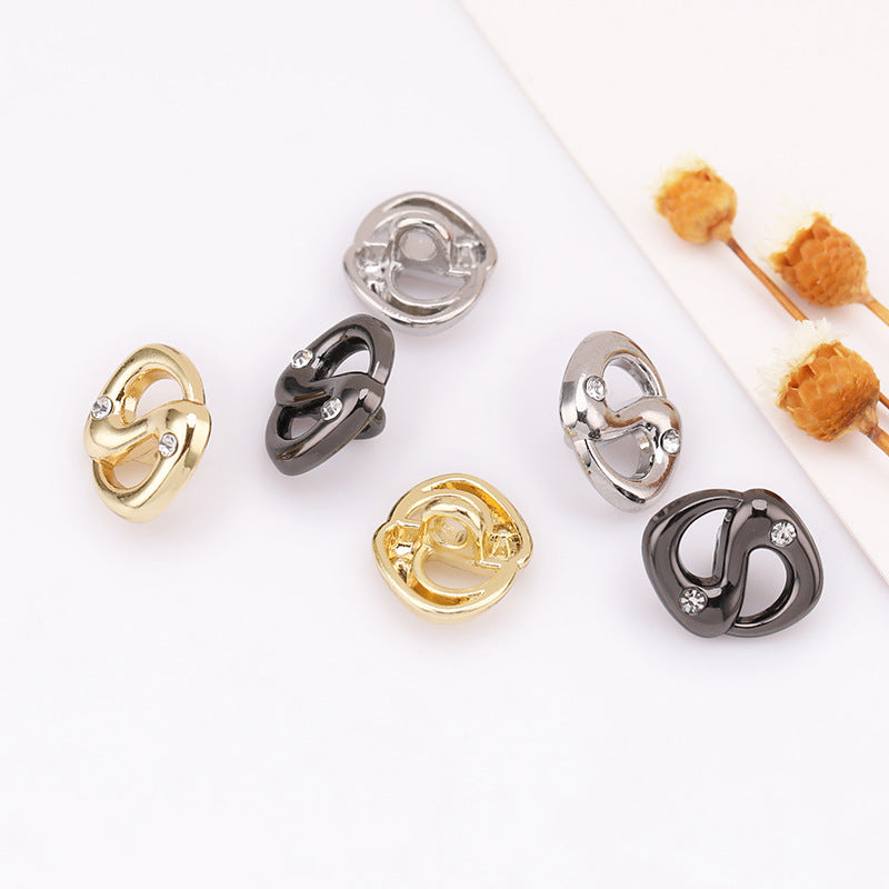 Pig-nose rhinestone shank buttons assortment: silver, gold, and gunmetal—front and back angles