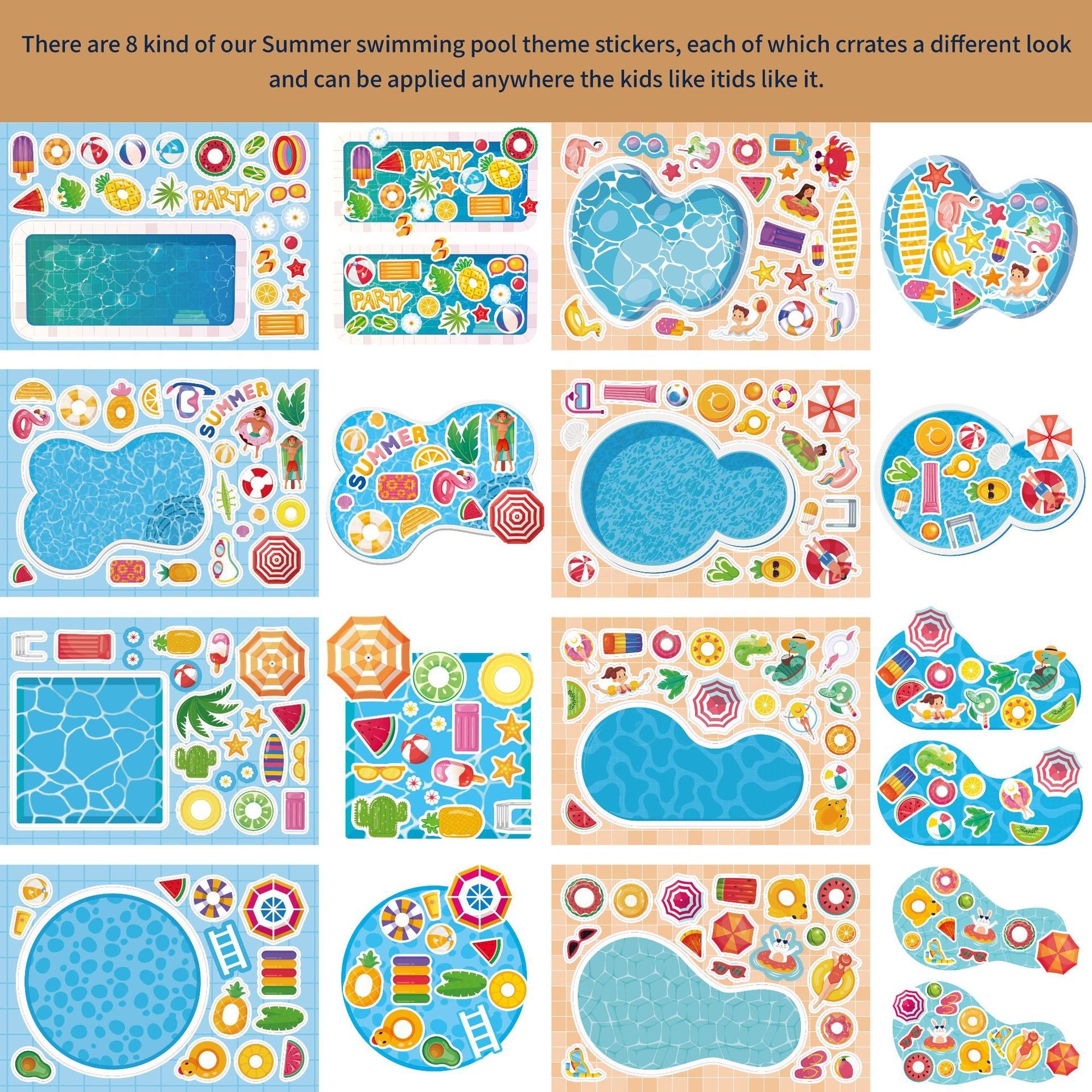 Make a Face Cartoon Summer Swimming Pool Stickers for Kids 24 Sheets