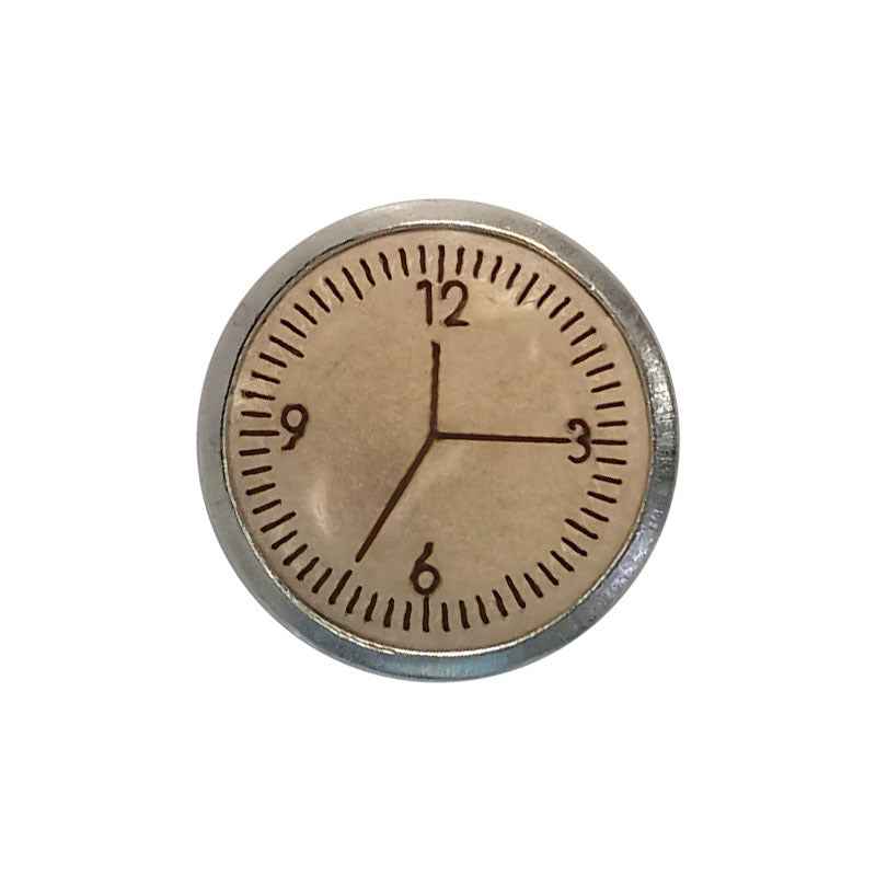 Clock face coconut shank button, round, silver base, Roman-style numbers