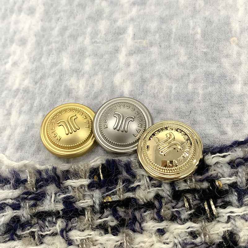 Gold and silver frosted round metal shank buttons with embossed motif