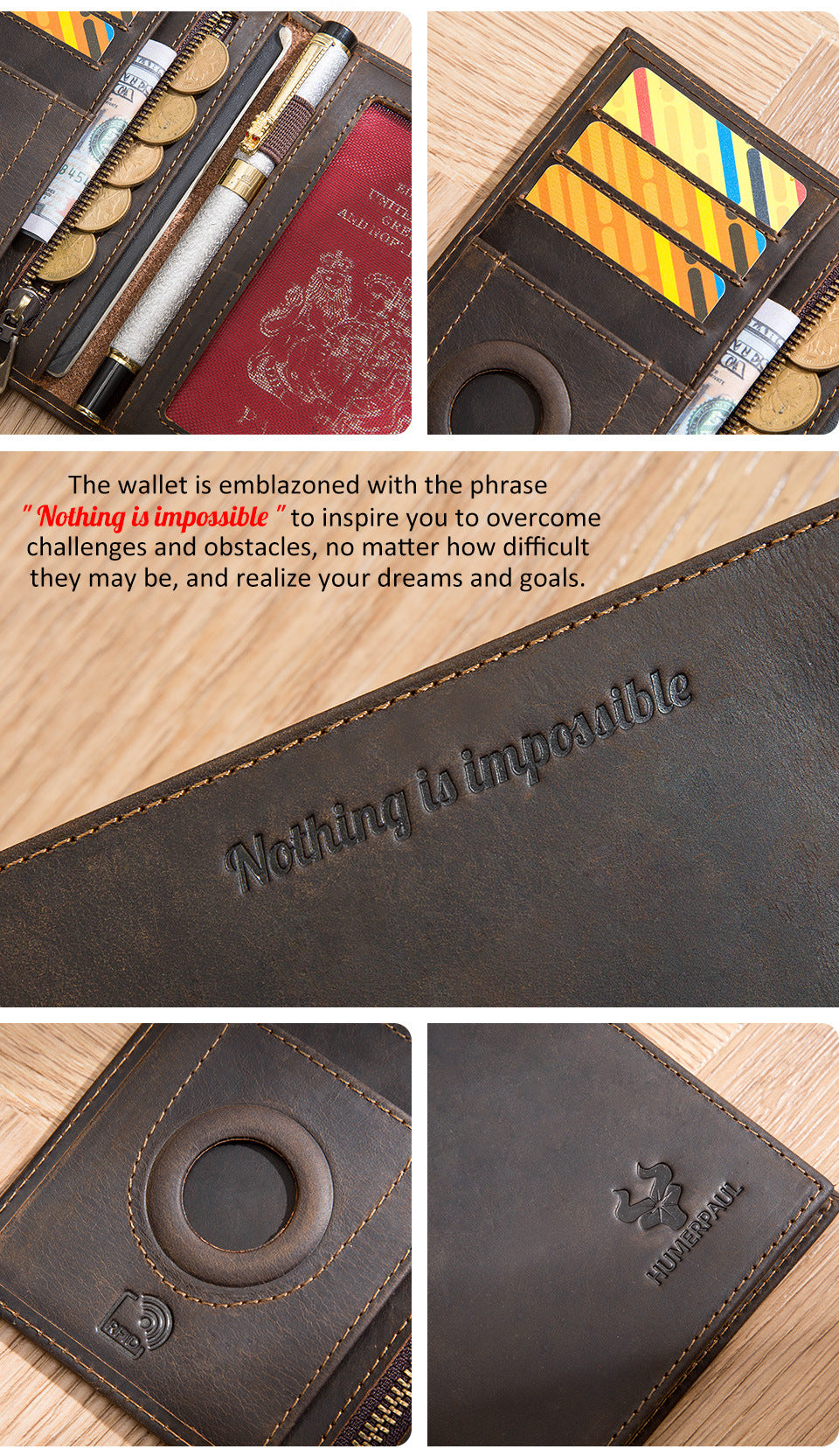 Vintage Crazy Horse Leather RFID Passport Wallet, Built-in AirTag Slot