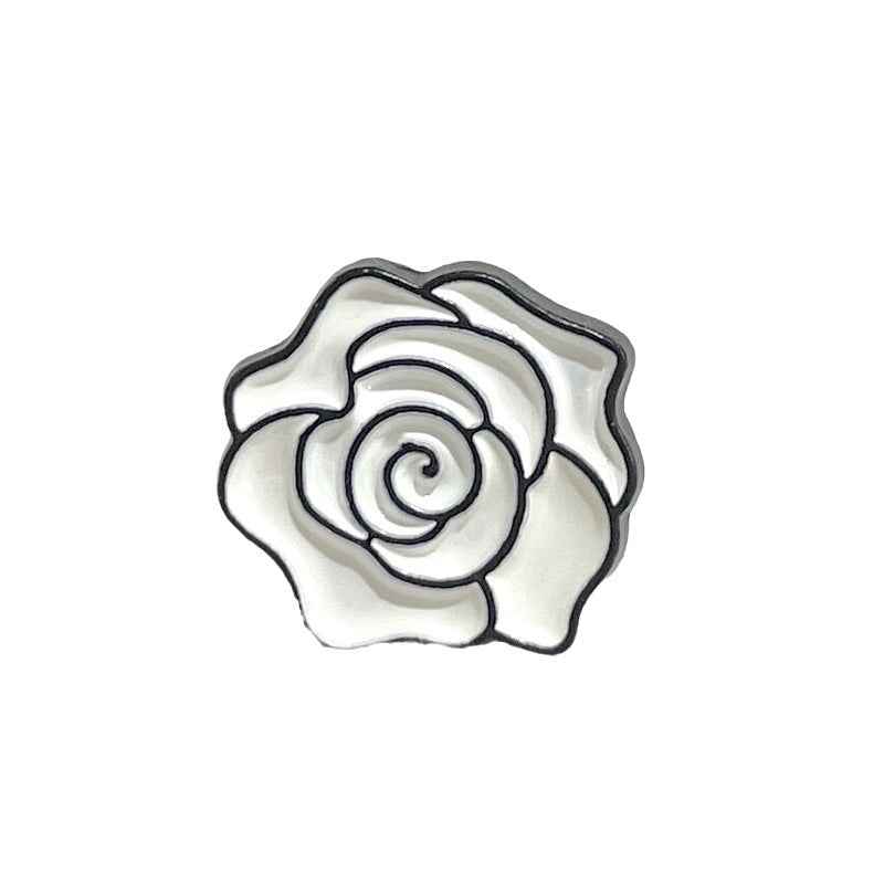 12mm vintage camellia floral metal shank button, black-and-white swirl center