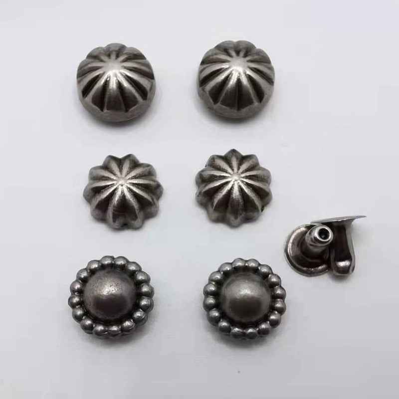Antik-silberne Kürbis-Studs und Ziernieten, 6 Frontansichten, rundes Perlen-Detail