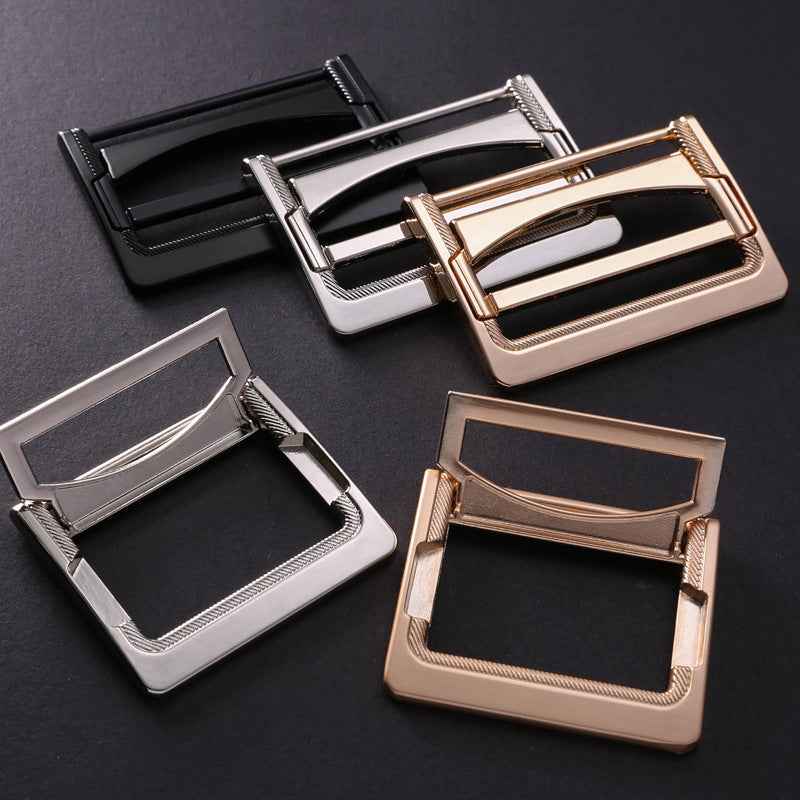 25–45mm metal dress belt buckles: black, silver, rose-gold finishes, set
