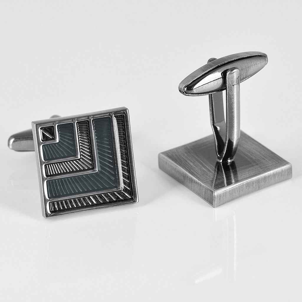 Antique silver cufflinks backing and front square plate with grey-black resin pattern