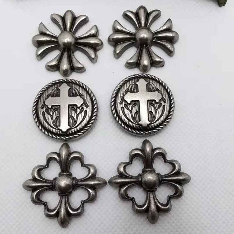 Antique silver gothic cross rivet studs set—four front pieces with cross medallions