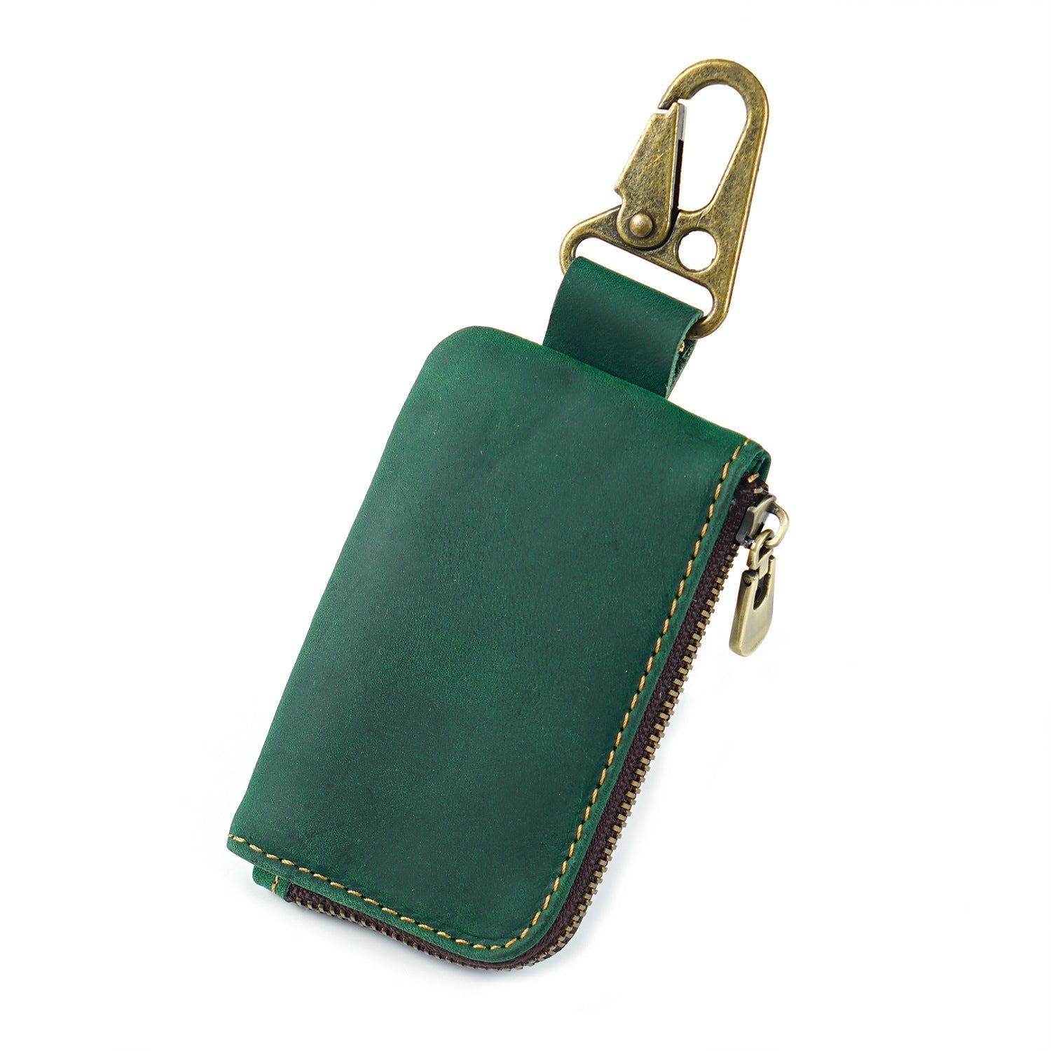 Leather Mini Coin Pouch with Keychain - Men's Belt Clip Zipper Pouch Green