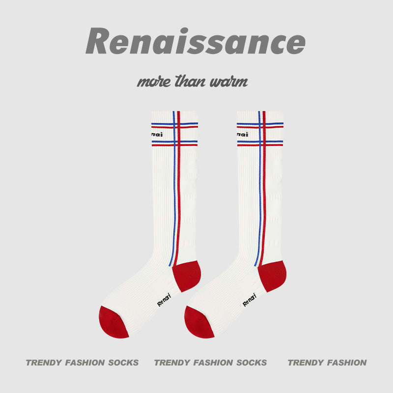 White compression running socks with red-and-blue cross stripe on the cuff and red toes