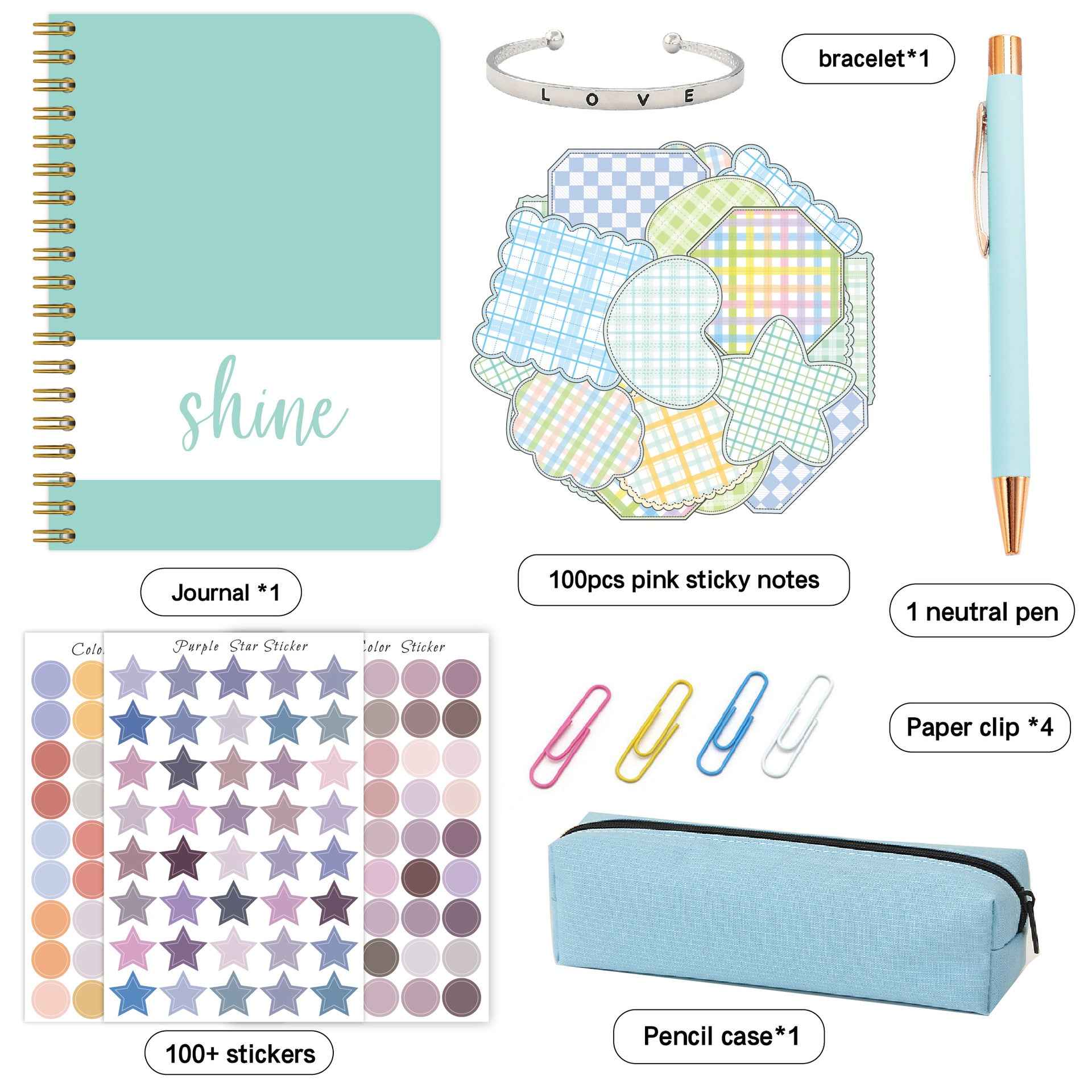 7pcs Shine Diary Notebook Pen Sticker Gift Set for Kids Green