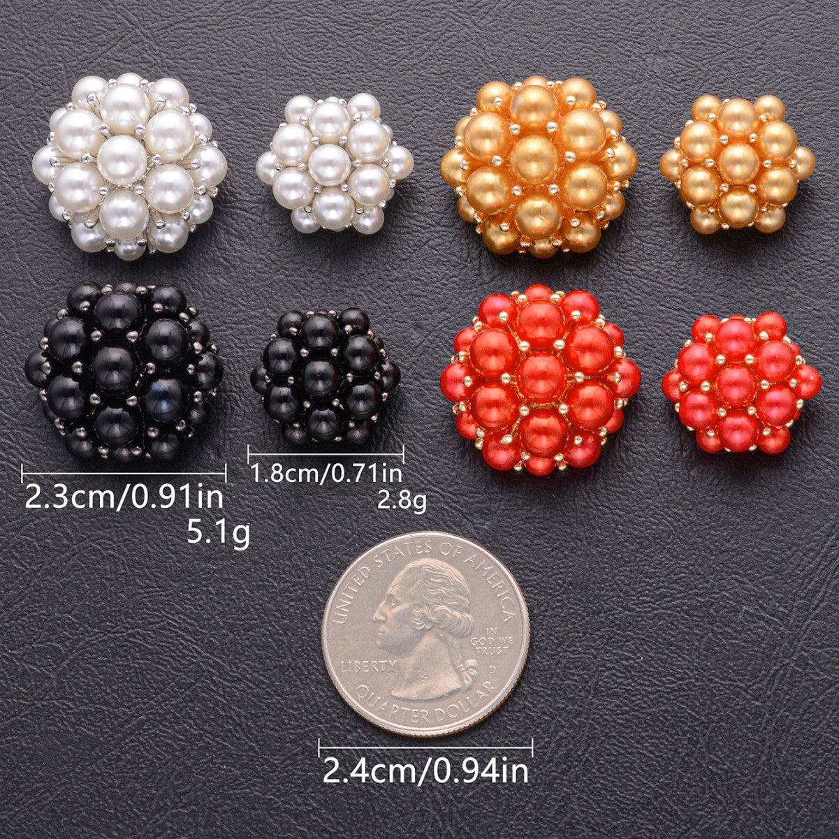 Floral 3D pearl metal button set with size labels, white, black, gold, and red