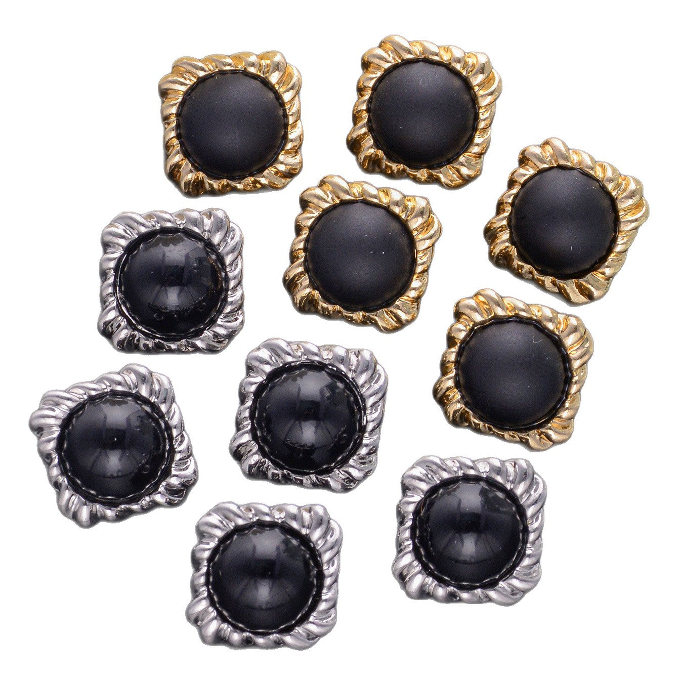 Assorted square black pearl buttons set: gold and silver metal shanks, 20-pack