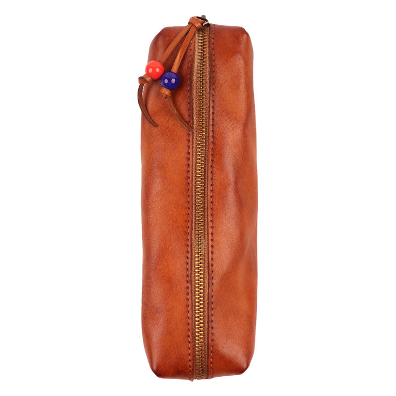 Handmade Vegetable-Tanned Leather Zip Pouch Vintage Distressed Finish