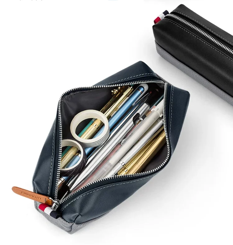 GNASEET Genuine Leather & Canvas Pencil Case – Large Capacity 20-Pen Student Stationery Pouch | 200x48x55mm