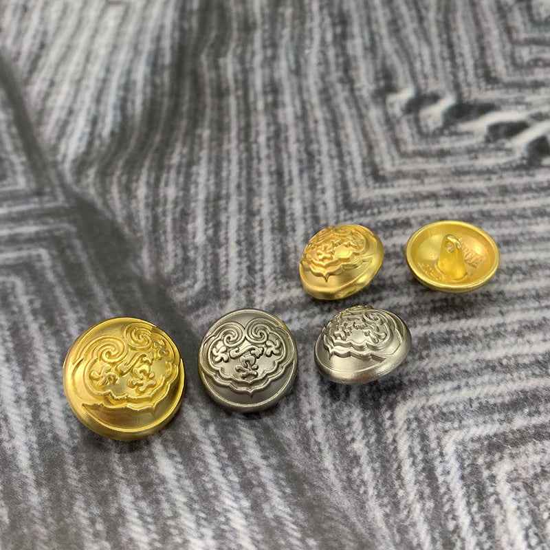 Gold and silver round mushroom-design buttons with cloud and longevity embossed symbols