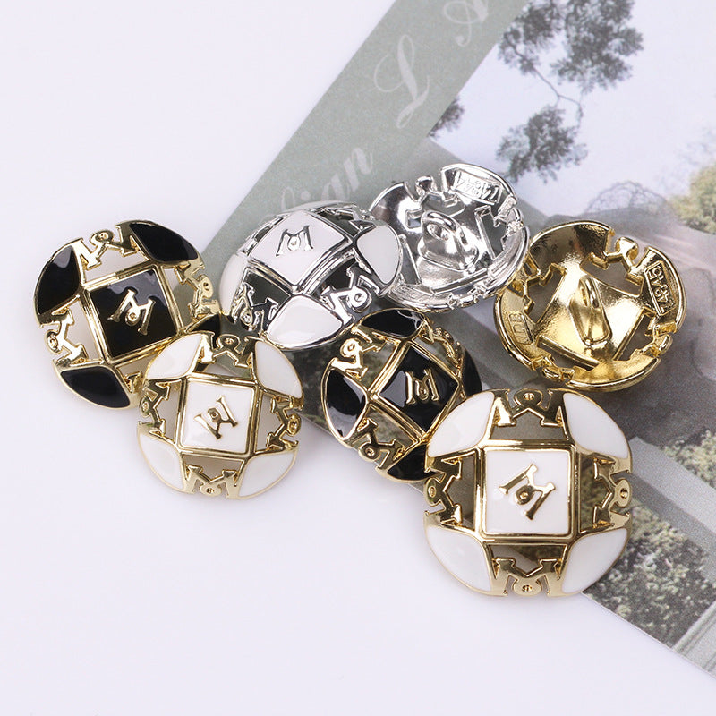 Mixed Letter M buttons, white & black enamel, gold and silver metal 2-hole shank