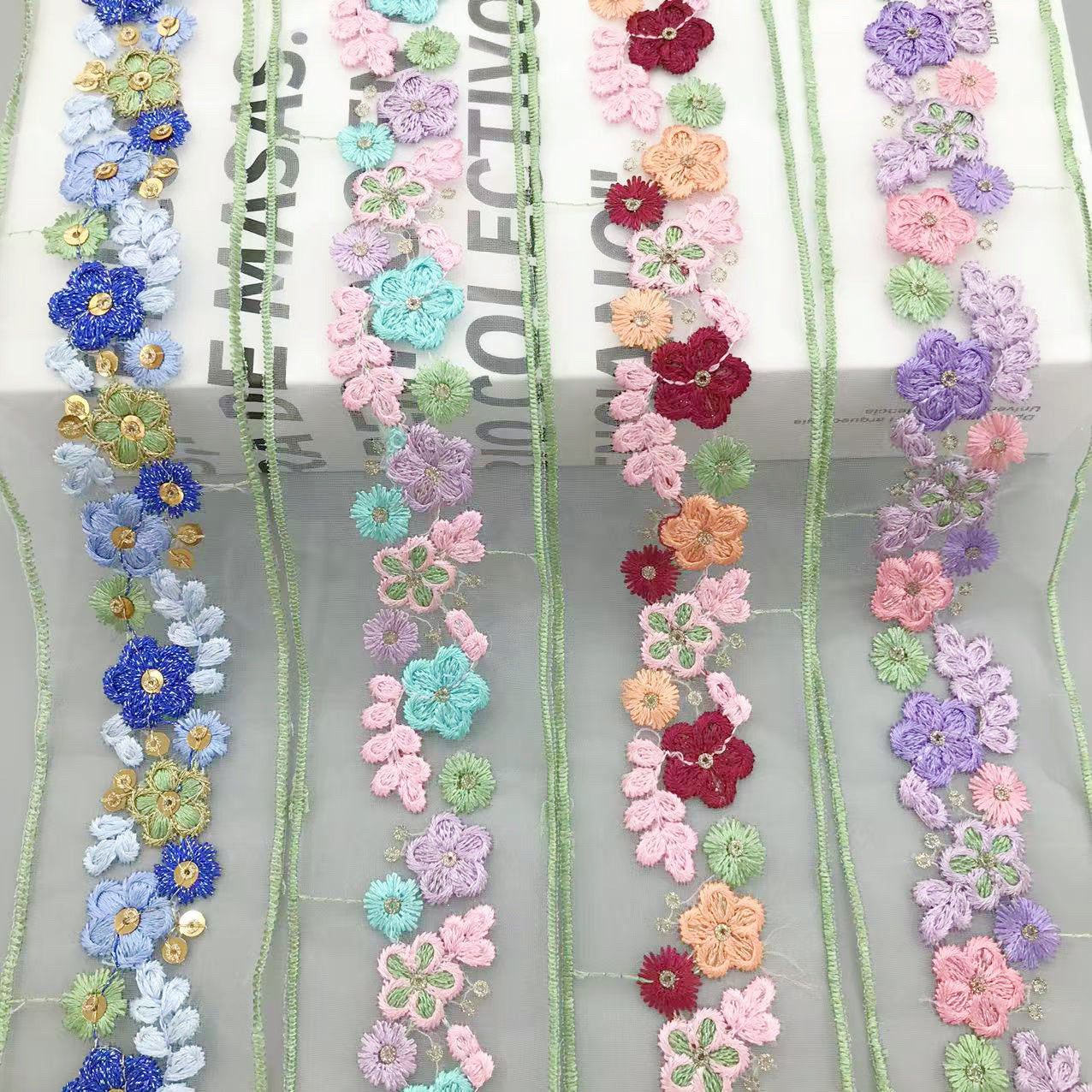 5cm colorful floral sequin organza lace trim with mixed flower motifs in blue, pink, and purple