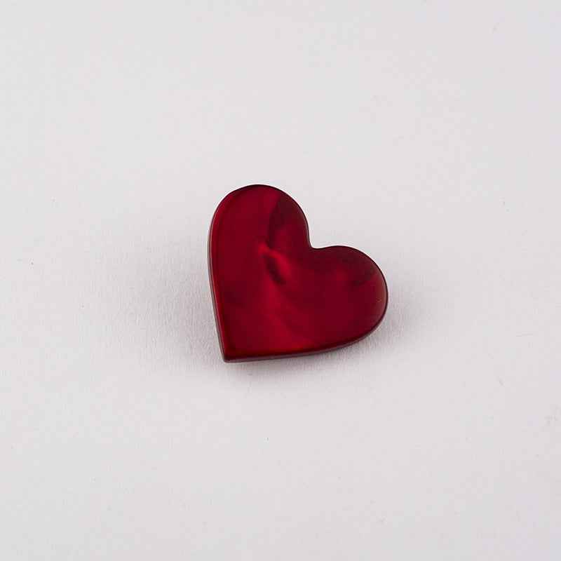 Wine red flat heart button with metal shank, glossy front