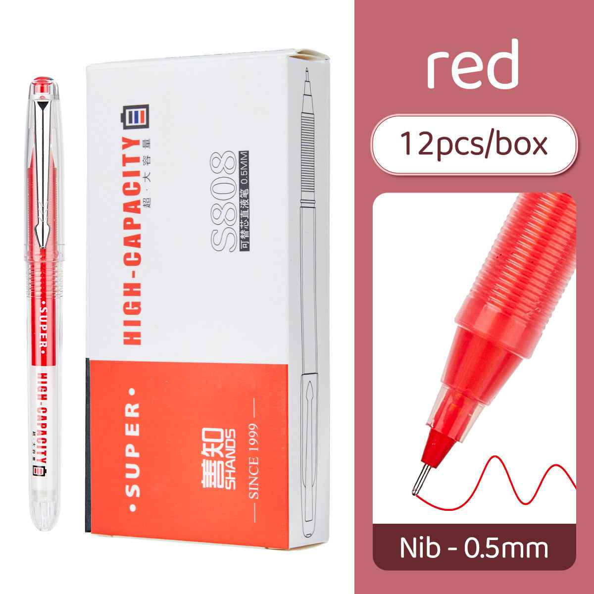SHANDS Liquid Ink Rollerball Pens Black/Blue/Red 0.5mm Fine Needle Nib 12pcs Red