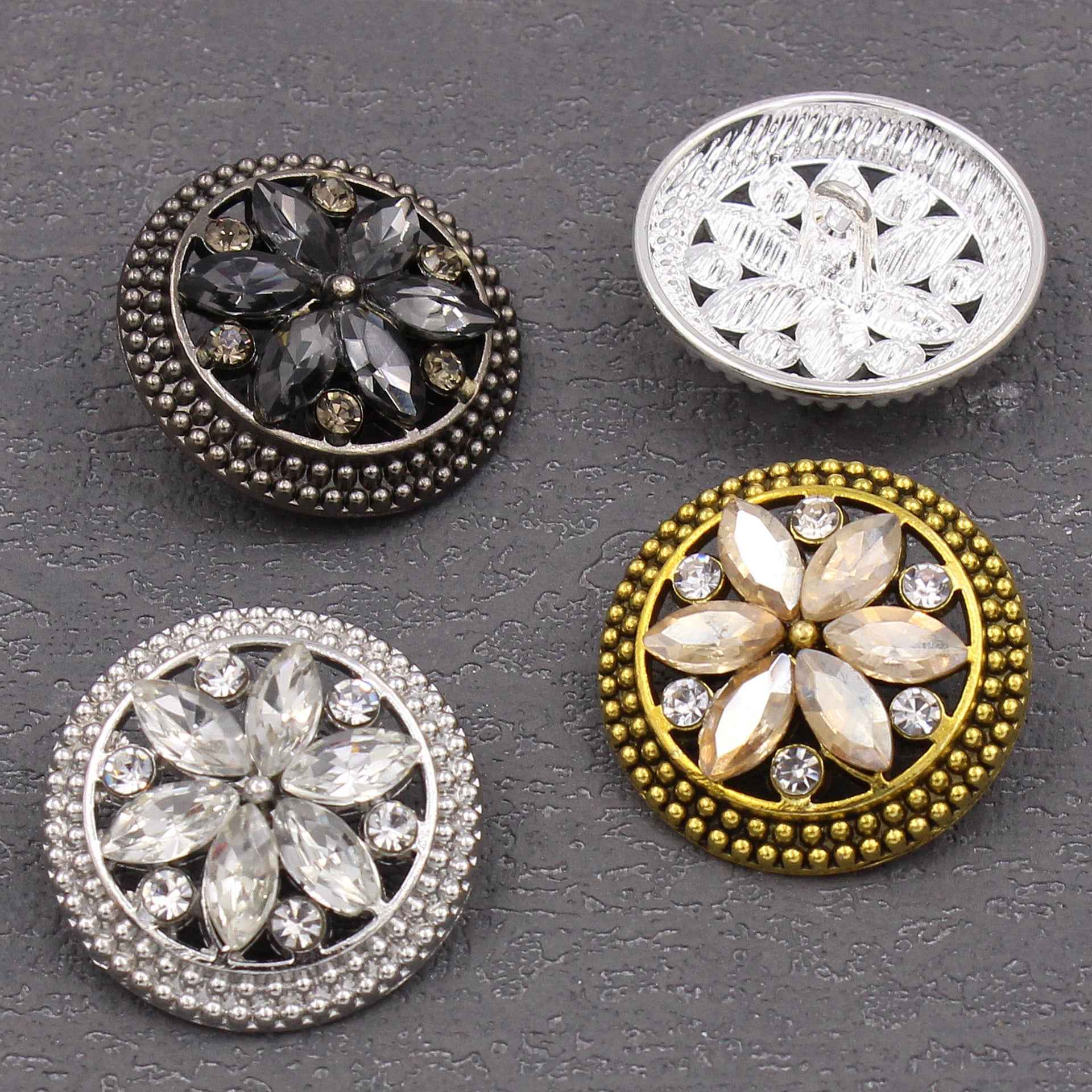 Crystal flower buttons: gold, silver and dark gunmetal fronts with metal backs