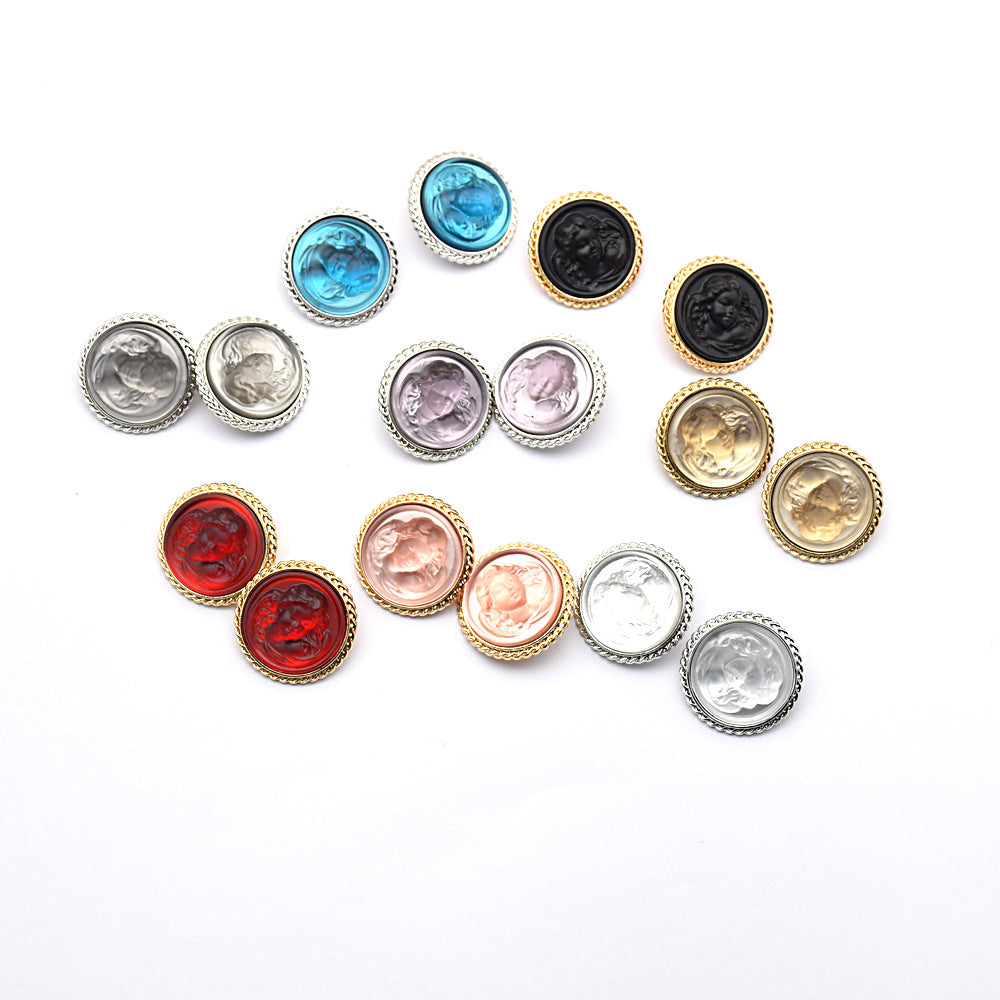 Classic lady portrait resin metal buttons set, round with gold and silver frames, mixed colors.