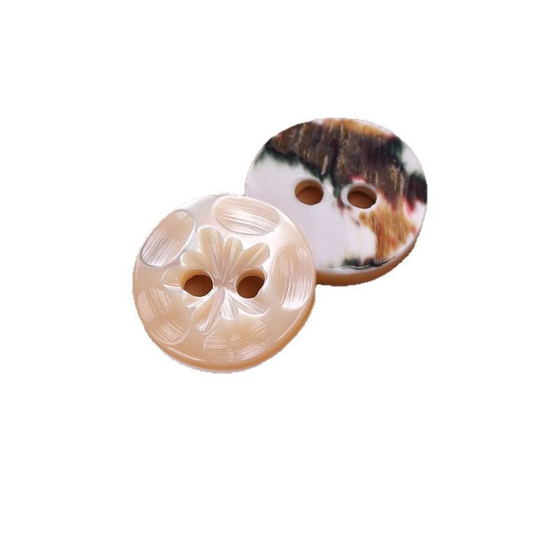 Natural troca shell button, 2 holes, beige/white floral cutout, 11.5mm