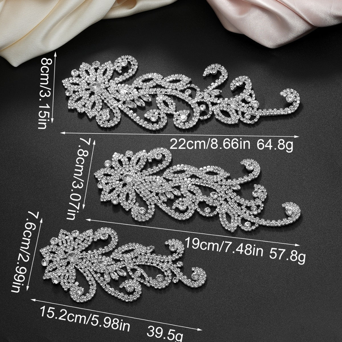 Silver rhinestone floral lace trim chain appliqué trio, each piece with looped filigree